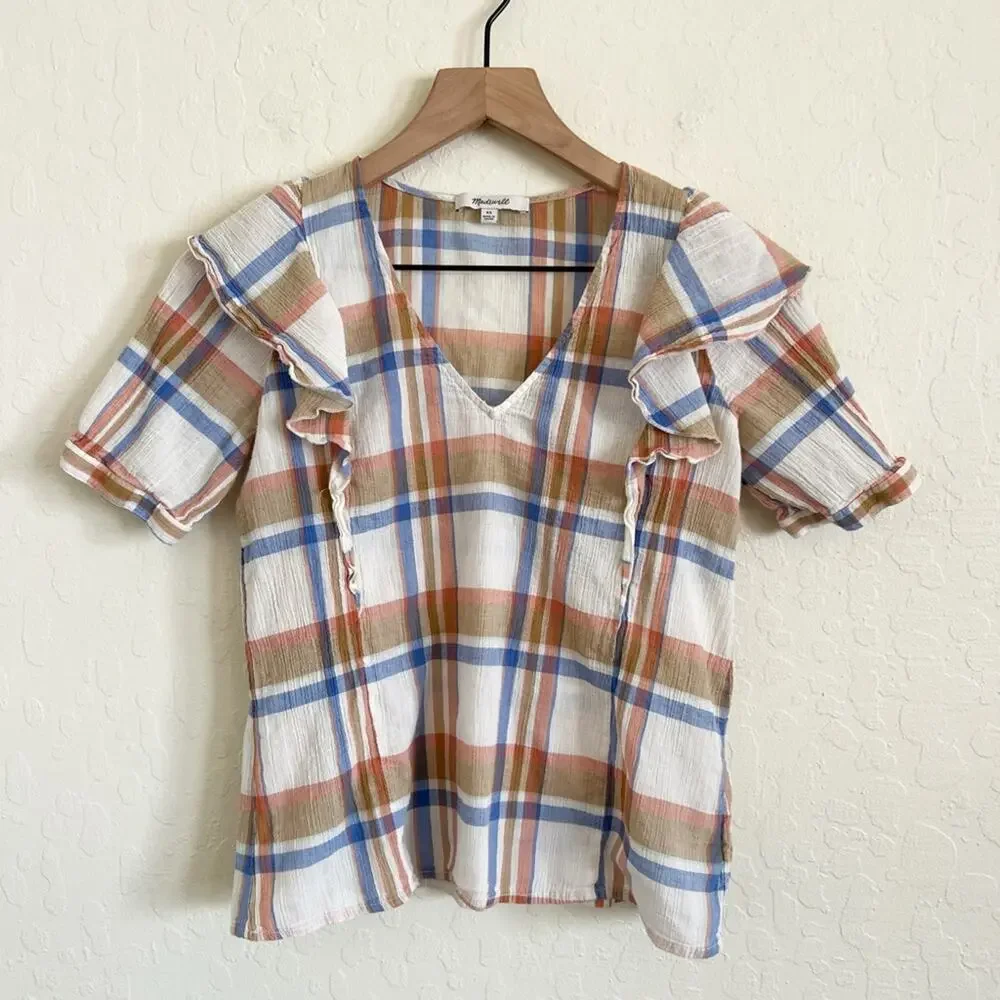 Madewell 100% Cotton V-Neck Shoulder-Ruffle Blouse Top XS White Tan Blue Plaid